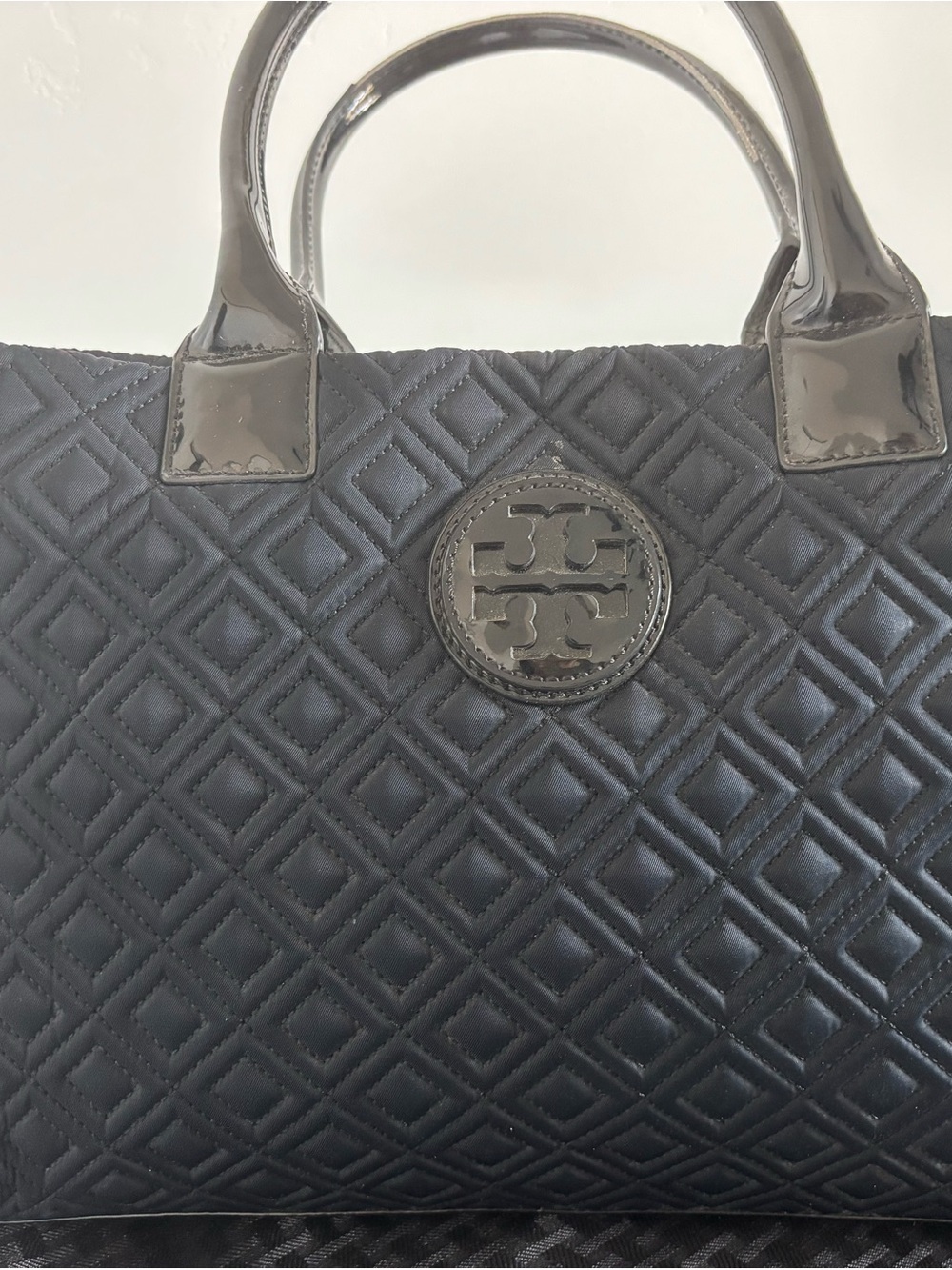 Tory Burch Black Quilted Patent-Trim Tote